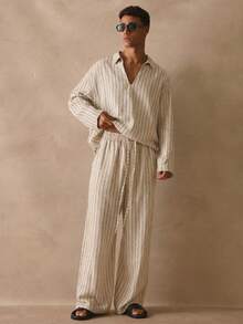 Musero Sold As One V Neck Long Sleeve Shirt Wide Leg Trouser Pant Striped Set Spring Summer Essentials - Apricot - View 3
