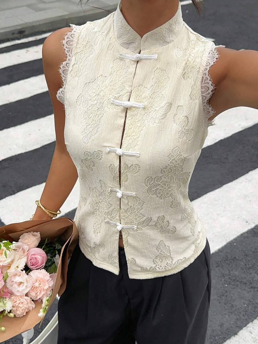 Serisse Women's Elegant 70s French Blouse With Frog Button Design And Contrast Lace, Beige Stand Collar Chinese Style Sleeveless Shirt, High Tea Party Summer - Beige - View 1