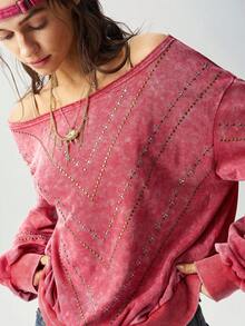 Bohemela Casual Solid Color Knit Asymmetrical Neck Loose Fit Women's Sweatshirt - Red - View 1
