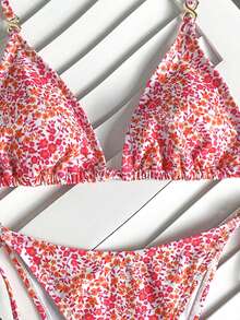 Swim Vcay Women's Summer Beach Holiday Halter Tie Backless Sexy Bikini Set, Ditsy Floral, Women's Holiday Outfit, Beach Outfit, Women's Holiday Outfit, Metal Decoration - Hot Pink - View 5