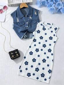 SHEIN Tween Girls 2pcs/Set :Cute White Summer School Outfit With Black Knit Cutout Back Cami Dress And Frayed Blue Washed Denim Vest,Casual Versatile Set - Blue - View 5