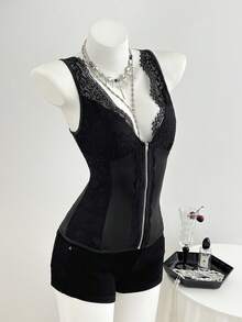 Elamini Blusa estiva sexy da donna con patchwork in pizzo e senza maniche - nero - Visualizzare 5
