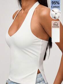 SHEIN BASICS Camiseta de tirantes con cuello halter y abertura lateral en el bajo de unicolor para mujer - Blanco - Ver 8