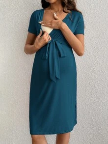 SHEIN 孕婦純色V領哺乳功能休閒日常穿著洋裝 - 水鴨藍 - 查看 5