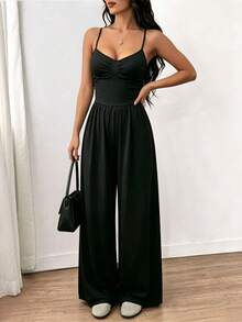 SHEIN Franclia Women's Black Jumpsuit, Spaghetti Strap Wide Leg Jumpsuit, Suitable For Summer - Black - View 6
