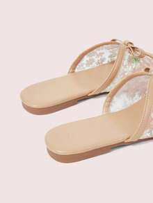 CUCCOO DOLLMOD Women's Shoes Fashion Round Toe Open-Toed Bow Mesh Embroidery Flat Sandals Women's Casual Comfortable Versatile Slippers - Apricot - View 6