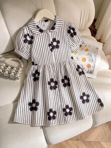 SHEIN Playful Pals 女童休闲时尚格子蝴蝶结印花泡泡袖衬衫裙，适合春夏外出、户外、上学和日常穿着 - 黑色 - 查看 4