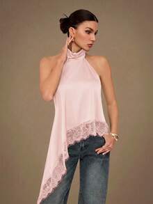 SHEIN Tall Elegant Lace Trim Backless Camisole Top, Sexy Satin Patchwork Sleeveless Blouse For Party Night Out Baby Pink Summer - Baby Pink - View 3