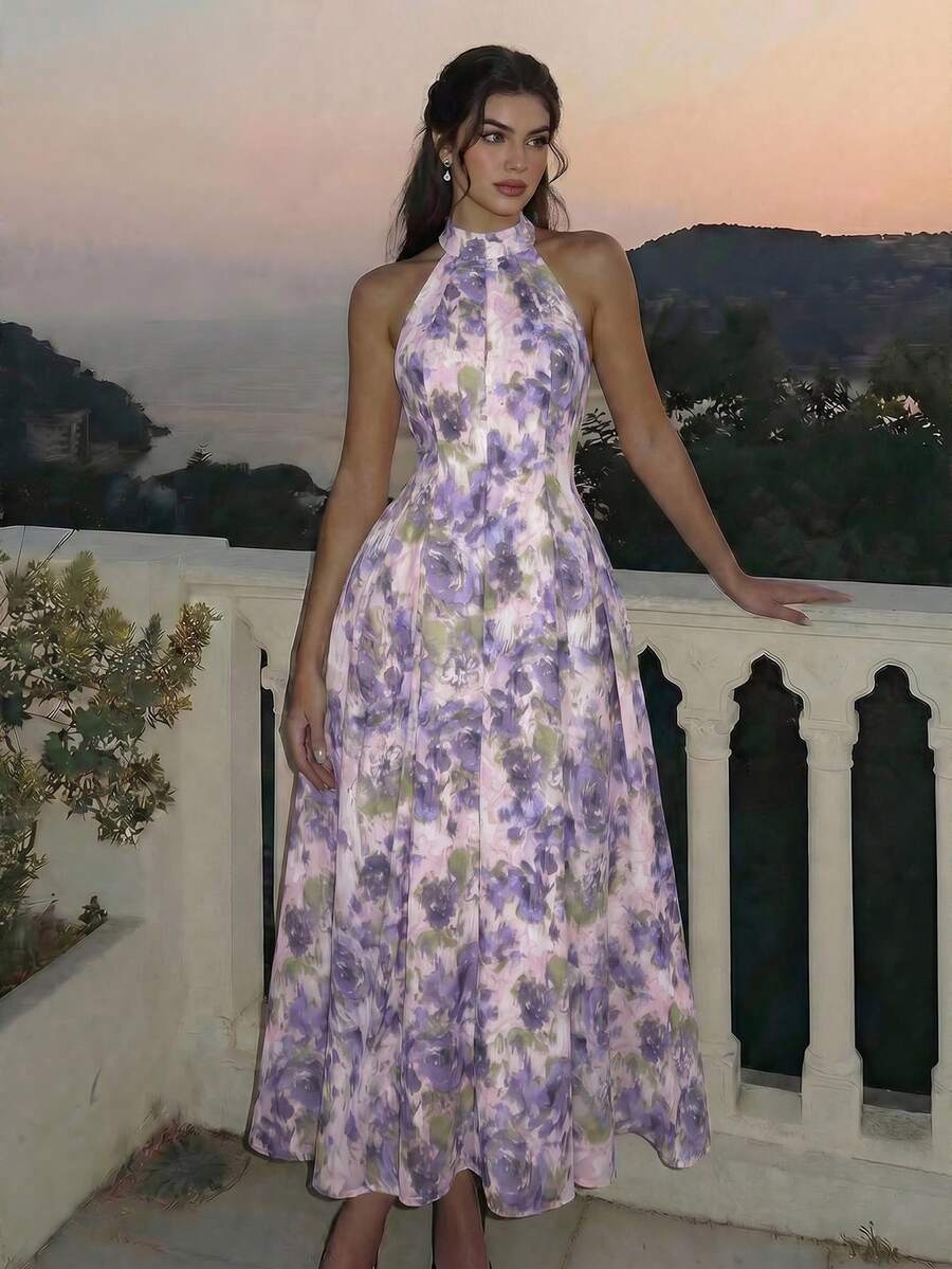 SHEIN MOD 女款夏季優雅花卉印花掛脖洋裝 - 紫色 - 查看 1