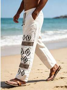 Manfinity Dauomo Pantalones largos casuales versátiles de uso diario con estampado geométrico y cintura con cordón para hombres - Beis - Ver 2
