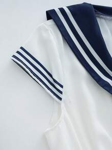 Balvessa Women's Navy Collar Stitching Color Waist Short Sleeve Dress, Casual, Vacation, Yacht Vacation Wear - Blue and White - View 8