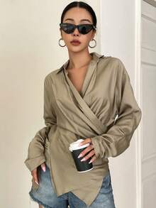 DAZY Blusa envolvente con manga de murciélago, bajo asimétrico y fruncido, manga larga, para otoño - Caqui - Ver 9