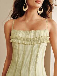 Anewsta Women's Elegant Dress, Vacation Outfit Dress, Summer Spaghetti Strap Frill Trim Fit And Flare Dress Vacation Sage Green - Green - View 5