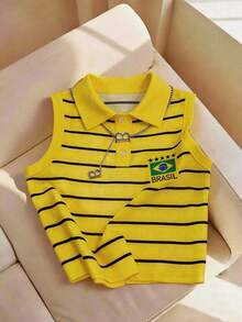INAWLY Top décontracté polyvalent pour femme à rayures et imprimé lettres, pour un usage quotidien - Jaune citron - Voir 1