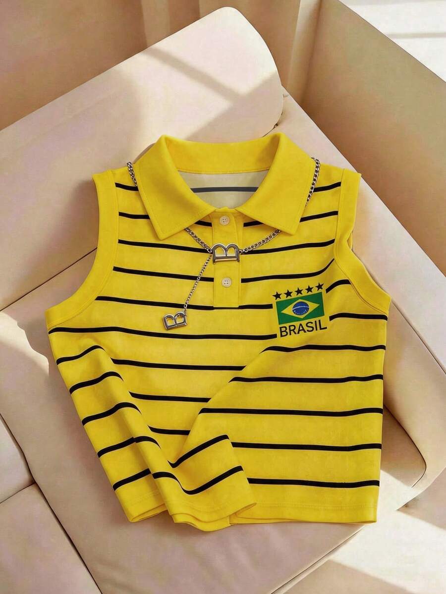 INAWLY Top décontracté polyvalent pour femme à rayures et imprimé lettres, pour un usage quotidien - Jaune citron - Voir 1