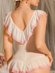 DelicateAllure Mono Babydoll Lencería para Mujer con Bloques de Color Rosa, Volantes de Malla & Encaje, Patchwork Transparente y Estilizador, Puro & Lindo - Rosa - Ver 2