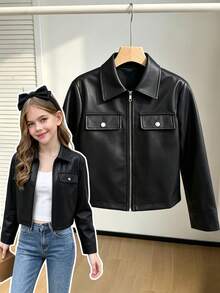 SHEIN Elladie kids Single Piece Girls' Retro PU Black Leather Jacket For Daily Commuting And Travel - Black - View 1