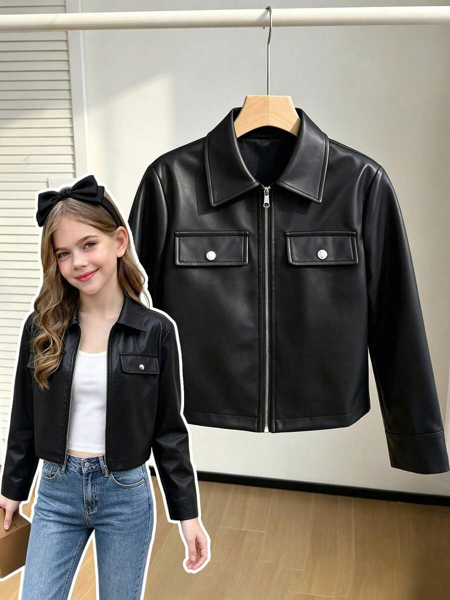 SHEIN Elladie kids Single Piece Girls' Retro PU Black Leather Jacket For Daily Commuting And Travel - Black - View 1
