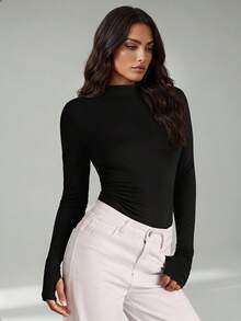 SHEIN Tall Women's Black Solid-Color Comfortable Knit Long-Sleeve Simple Pleated Fitted Jumpsuit - Black - View 6