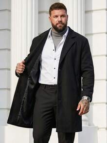 DRIVNCORE Plus Size Men Solid Color Lapel Neck Single Breasted Overcoat, Men's Long Sleeve Black Coat, For Fall Winter - Black - View 4