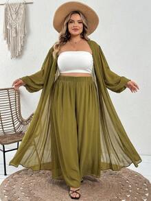 SHEIN CURVE+ 大尺碼女款純色抹胸背心、純色晨袍與鬆緊腰寬腿褲休閒日常套裝，適合秋季 - 綠色 - 查看 3