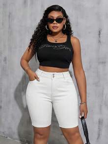 SHEIN Tall CURVE Celana Pendek Denim Wanita Ukuran Besar Tinggi dengan Saku, Potongan Ramping, Kasual, Longgar, Serbaguna, Formal, untuk Acara Keluar, Warna Putih, Musim Panas - Putih - View 4