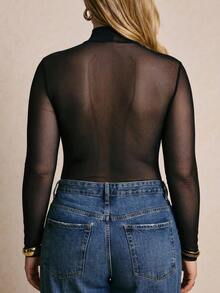 Levarali Plus Size Women's Mesh Stand Collar Fitted Versatile Daily Club Date Night Rave Concert Outing Long Sleeve Bodysuit Black Summer Sexy Halloween - Black - View 2