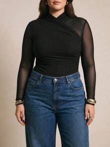 Levarali Plus Size Women's Mesh Stand Collar Fitted Versatile Daily Club Date Night Rave Concert Outing Long Sleeve Bodysuit Black Summer Sexy Halloween - Black - View 6