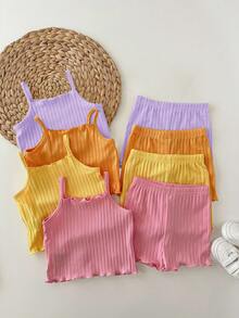SHEIN Kids Young Girl Solid Color Ribbed Camisole And Shorts Set Orange Summer Pcs - Multicolor - View 2