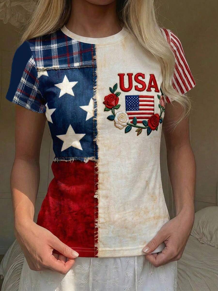 兒童美式復古米色拼色花卉女童修身休閒簡約舒適圓領緊身長短袖T恤 夏季 - 彩色 - 查看 1