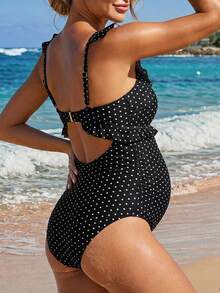 SHEIN Maternity Polka Dot Print Hollow One-Piece Swimsuit - Black and White - View 2