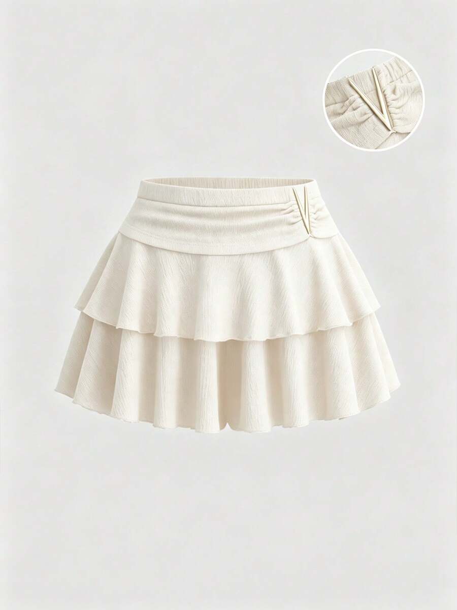 Sweetra Plus Size Spring/Summer Multi-Layer Ruffle Skort With Metal Decor - Apricot - View 1