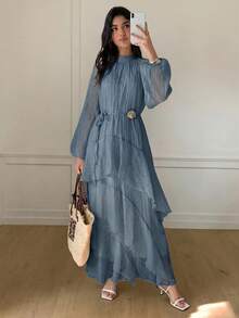 Solavon New Ruched Multi-Layer Flounce Cinched Waist Flowy Beach Dress, Flattering And Suitable For Vacation And Beach Unlined Sleeves - Blue - View 7