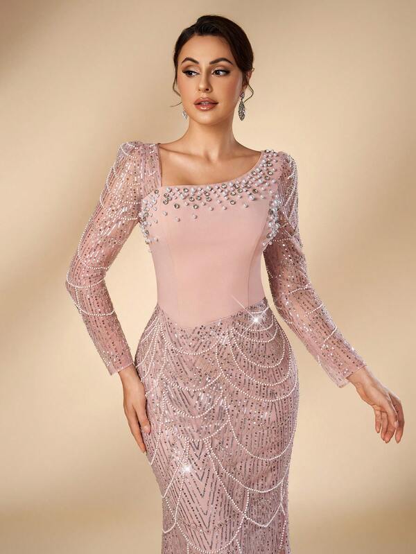 Serin Elegant Luxurious Beaded Sequin Embroidered Lace Patchwork Elastic Knit Twisted Ruched Bubble Diamond Mermaid Skirt Sheer Sleeves Suitable For Wedding Events Bachelor Party Vacation Holiday Gathering Music Festival Graduation Season Bride Mother Evening Gown