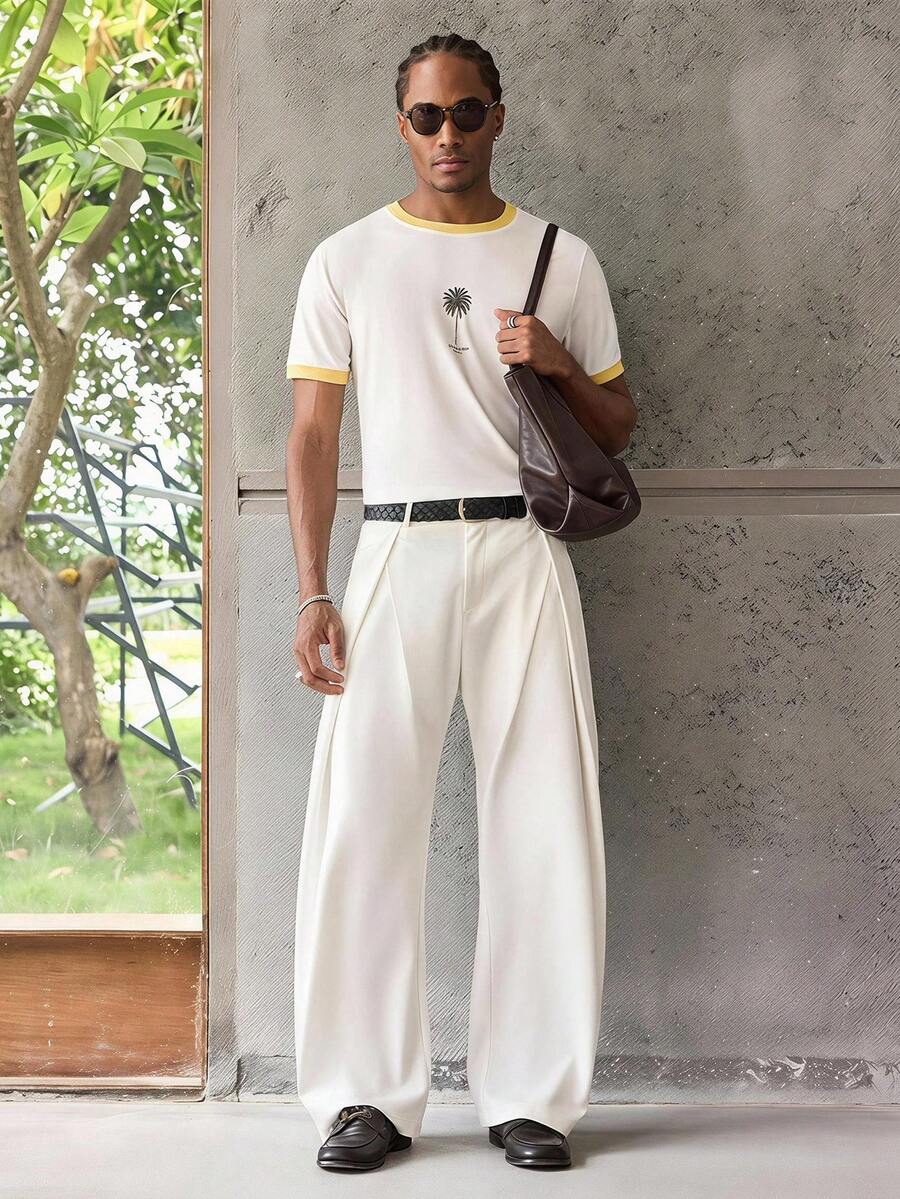 ESTAVOR Maglietta casual da uomo a maniche corte con vestibilità ampia, con stampa a blocchi di colore giallo - Bianco - Visualizzare 1