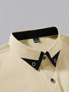 Manfinity Mode Men's Solid Color Stand-Up Collar Long Sleeve Shirt,Black And Beige,Autumn,Business Casual,Office Formal Commuting Old Money Style - Apricot - View 4