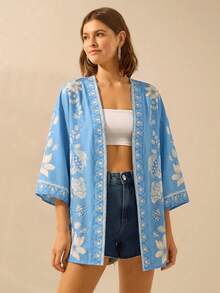 CAJUNI 女款波西米亞熱帶花卉黑色印花寬鬆和服式罩衫，度假海灘穿搭 - 淺藍色 - 查看 6
