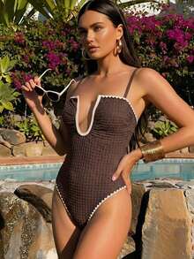 Bonvoyette Spring/Summer New Women's Beach Vacation Sexy Brown  Deep-V Strapless One-Piece Swimsuit - Coffee Brown - View 6