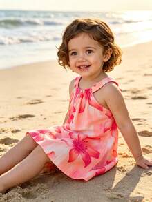 SHEIN Playful Pals 女嬰粉色花卉掛脖細肩帶洋裝，可愛夏季度假穿搭，優雅甜美花卉印花，時尚休閒無袖日常穿著 - 粉色 - 查看 5