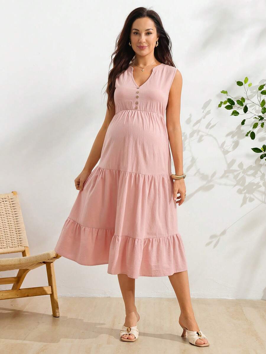 SHEIN 孕婦純色缺口V領無袖前開扣拼接洋裝 - 粉色 - 查看 1