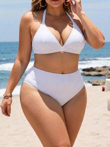 Swim Lushoire Plus Size Solid Color Backless Halter Neck Swimsuit Top - White - View 5