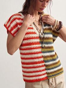 Bohemela Top de punto con bloques de color, rayas y patchwork para mujer - Amarillo - Ver 8