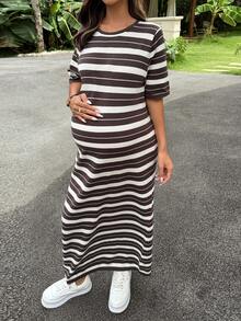 DAZY Round Neck Colorblock Striped Loose Casual Long Maternity Sweater Dress, Spring/Summer/Early Autumn - Brown - View 4