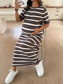 DAZY Round Neck Colorblock Striped Loose Casual Long Maternity Sweater Dress, Spring/Summer/Early Autumn - Brown - View 6