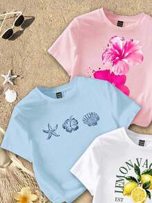 Attitoon 女款 3 件組修身短版 T-shirt－檸檬花卉；海灘/度假風；返校季；健身房/度假/軟妹風 - 彩色 - 查看 3