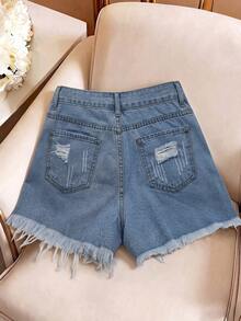 Rivivi Women's High Waist Pocketed Distressed Frayed Hem Casual Denim Shorts - Blue - View 2