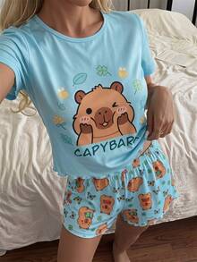 2pcs/Set Piyama Atasan Pendek Bahu Longgar & Celana Pendek Anak Perempuan, Motif Capybara Lucu, Kain Lembut & Nyaman, Gaya Rumahan yang Santai Namun Tetap Ceria - Mint Green - View 11