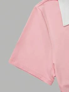 SHEIN 青少年女孩騎士印花翻領短袖T恤與抽繩腰短褲休閒套裝 - 粉色 - 查看 7