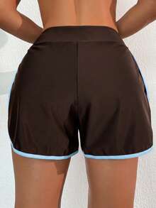 Swim Basics Springbreak 女款黑白拼接飾邊運動休閒短褲沙灘褲 - 咖啡棕 - 查看 2