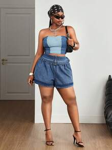 Slaydiva Plus Size Women's Non-Stretch Denim Shorts, High Waist Metal Button Decor Casual Loose Fit Denim Shorts, Cowboy Outfits For Women Navy Blue Summer - Medium Wash - View 5